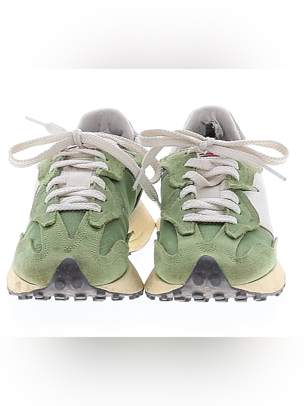 New Balance 327 Lime Green Suede Mesh Sneaker with Cream Accents and White Laces - Picture 2 of 8